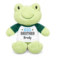 Personalized Big Brother Stuffed Frog - 12 Inch Plush Tumbletoes Frog with Green Shirt with Light Blue and Grey Design