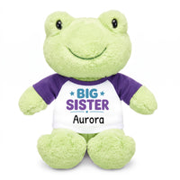 Personalized Big Sister Stuffed Frog - 12 Inch Plush Tumbletoes Frog - Purple Shirt with Teal and Purple Design