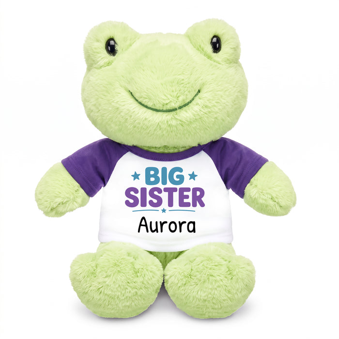 Personalized Big Sister Stuffed Frog - 12 Inch Plush Tumbletoes Frog - Purple Shirt with Teal and Purple Design
