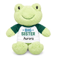 Personalized Big Sister Stuffed Frog - 12 Inch Plush Tumbletoes Frog - Green Shirt with Teal and Green Design