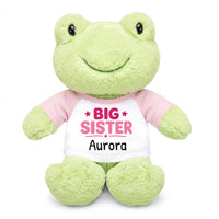 Personalized Big Sister Stuffed Frog - 12 Inch Plush Tumbletoes Frog - Pink Shirt with Pink Design