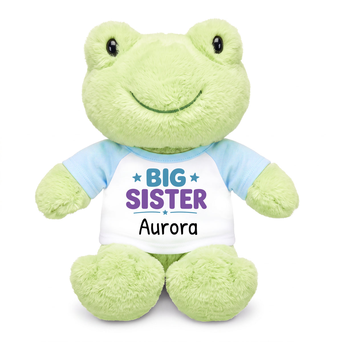 Personalized Big Sister Stuffed Frog - 12 Inch Plush Tumbletoes Frog - Light Blue Shirt with Teal and Purple Design