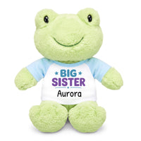 Personalized Big Sister Stuffed Frog - 12 Inch Plush Tumbletoes Frog - Light Blue Shirt with Teal and Purple Design
