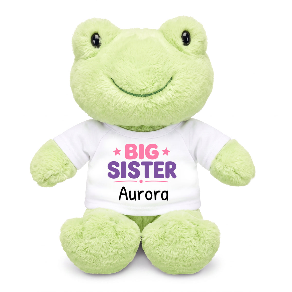 Personalized Big Sister Stuffed Frog - 12 Inch Plush Tumbletoes Frog - White Shirt with Pink and Purple Design