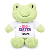 Personalized Big Sister Stuffed Frog - 12 Inch Plush Tumbletoes Frog - White Shirt with Pink and Purple Design