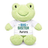 Personalized Big Sister Stuffed Frog - 12 Inch Plush Tumbletoes Frog - White Shirt with Teal and Green Design