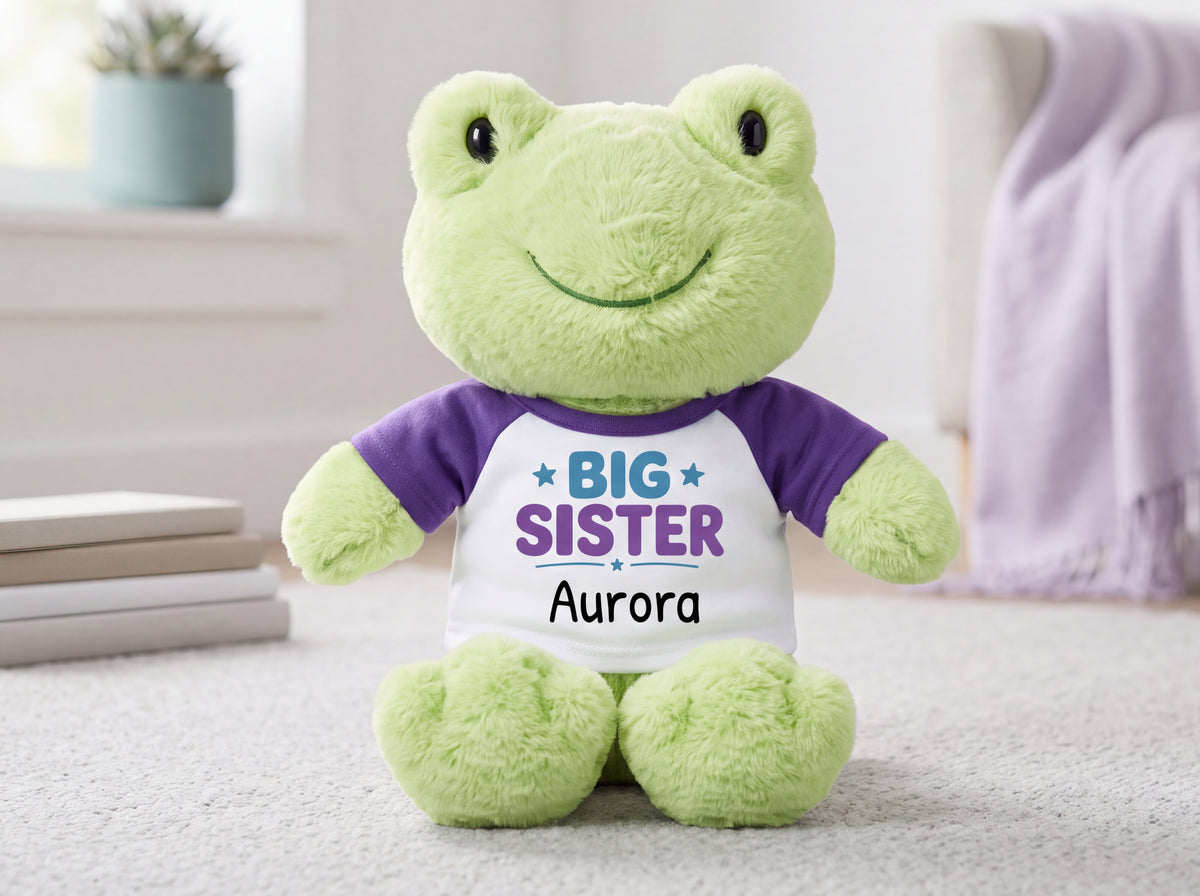 Personalized Big Sister Stuffed Frog - 12 Inch Plush Tumbletoes Frog - Your choice of shirt and design colors and add any name