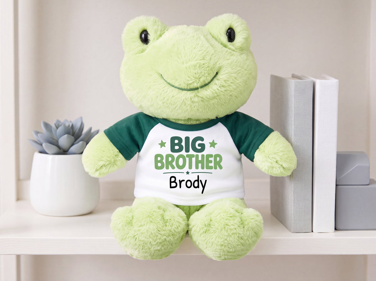 Personalized Big Brother Stuffed Frog - 12 Inch Plush Tumbletoes Frog - Choice of shirt and design colors and any name