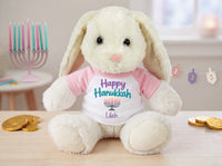 Personalized Hanukkah Bunny - 13 Inch Plush White Rabbit - Choose Happy Hanukkah or My First Hanukkah Design and Customize with any name