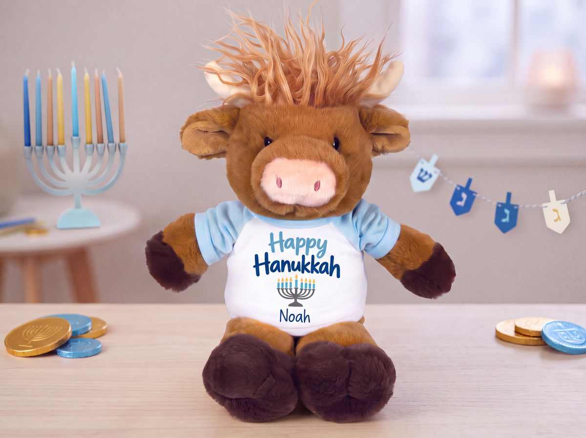 Personalized Hanukkah Stuffed Cow - 12 Inch Plush Scottish Highland Cow / Mucklecoo - My First Hanukkah Design or Happy Hanukkah design, customized with any name