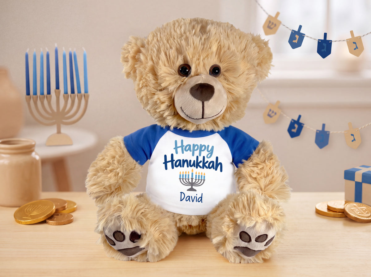 Hanukkah Teddy Bear - 15 Inch Personalized Honey Bear - My First Hanukkah Design or Happy Hanukkah Design, customized with any name and your choice of shirt and design color