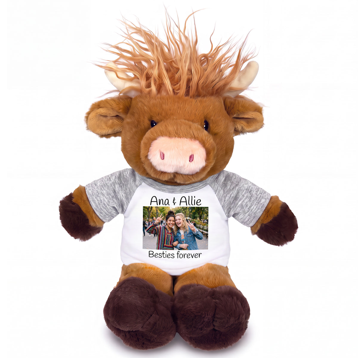 Personalized Plush Scottish Highland Cow / Mucklecoo - 12 Inches, with Photo & Text - Grey Shirt
