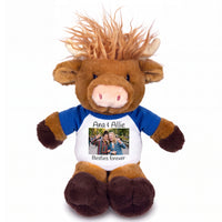 Personalized Plush Scottish Highland Cow / Mucklecoo - 12 Inches, with Photo & Text - Royal Blue Shirt