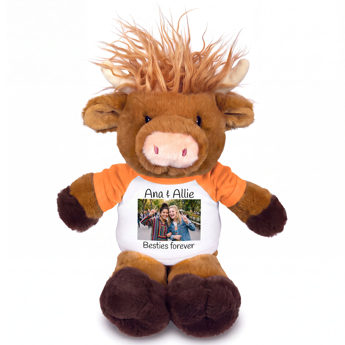 Personalized Plush Scottish Highland Cow / Mucklecoo - 12 Inches, with Photo & Text - Orange Shirt