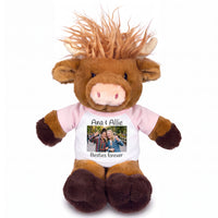 Personalized Plush Scottish Highland Cow / Mucklecoo - 12 Inches, with Photo & Text - Pink Shirt