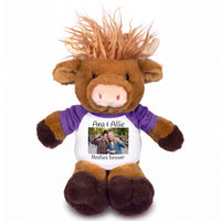 Personalized Plush Scottish Highland Cow / Mucklecoo - 12 Inches, with Photo & Text - Purple Shirt