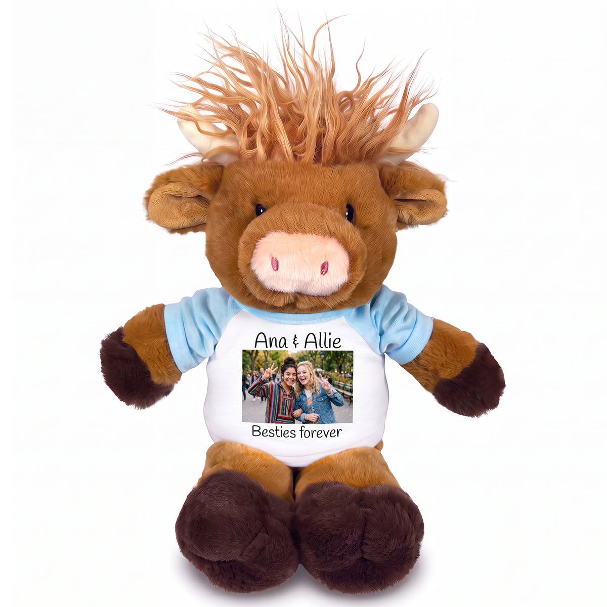 Personalized Plush Scottish Highland Cow / Mucklecoo - 12 Inches, with Photo & Text - Light Blue Shirt