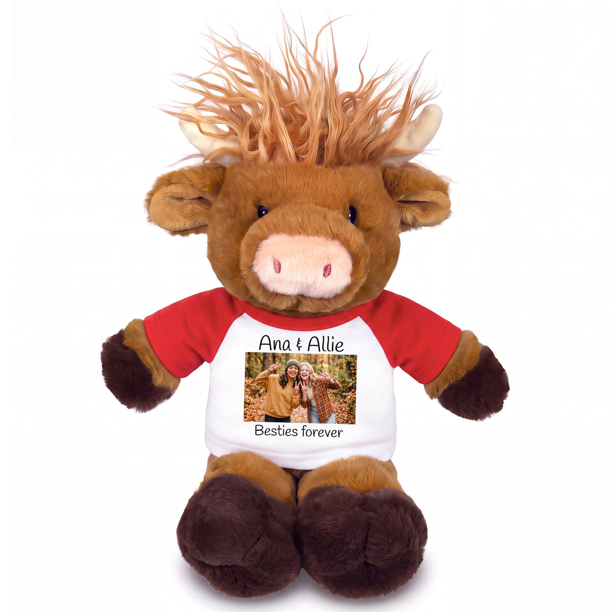 Personalized Plush Scottish Highland Cow / Mucklecoo - 12 Inches, with Photo & Text - Red shirt