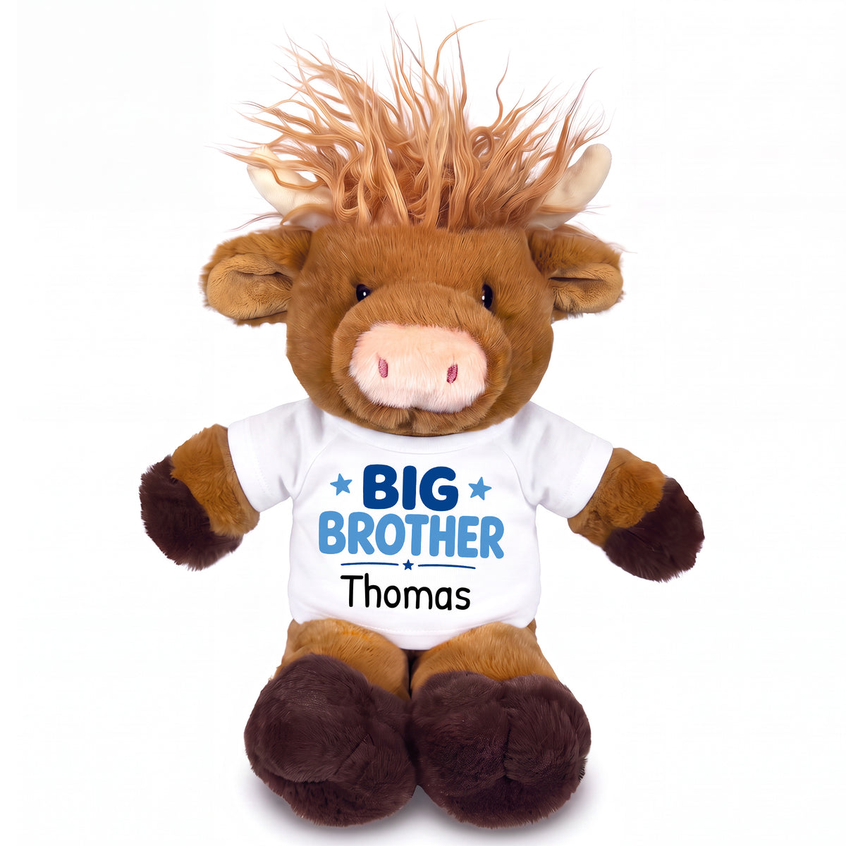 Personalized Big Brother Scottish Highland Cow - 12 inches - White Shirt, Blue Design