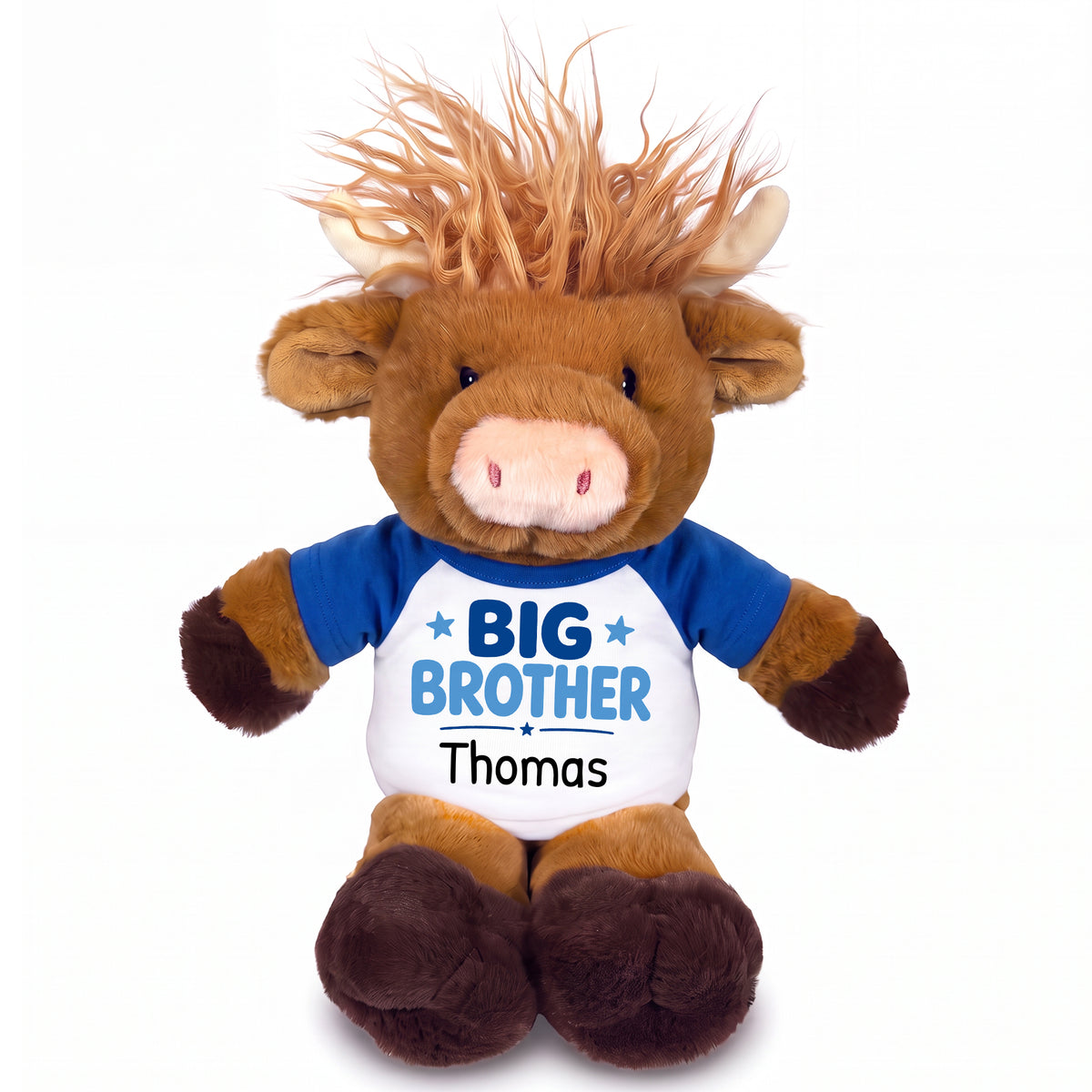 Personalized Big Brother Scottish Highland Cow - 12 inches - Royal Blue Shirt, Blue Design