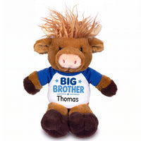 Personalized Big Brother Scottish Highland Cow - 12 inches - Royal Blue Shirt, Blue Design