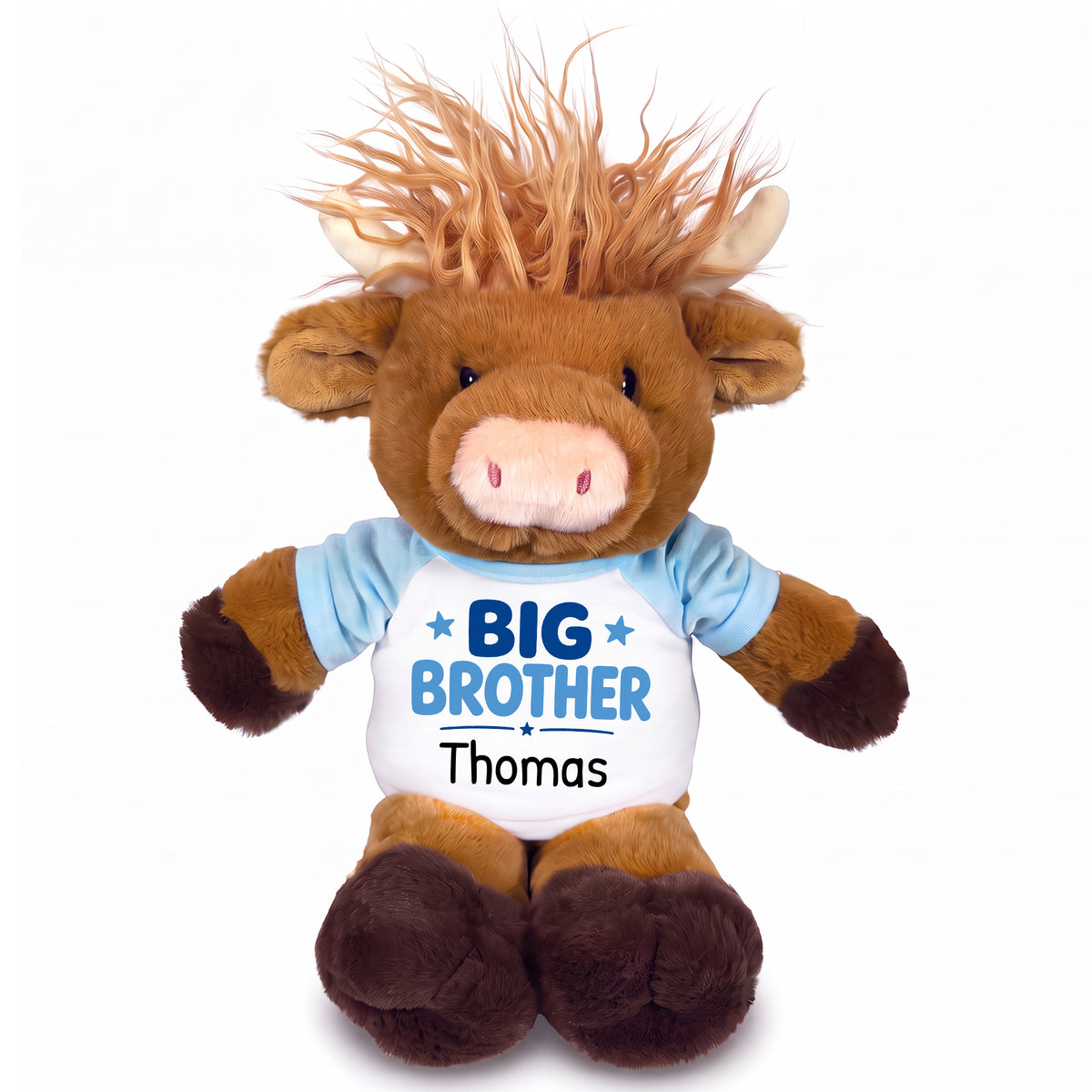 Personalized Big Brother Scottish Highland Cow - 12 inches - Light Blue Shirt, Blue Design