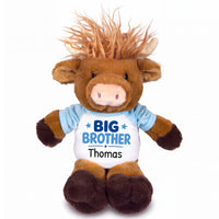 Personalized Big Brother Scottish Highland Cow - 12 inches - Light Blue Shirt, Blue Design