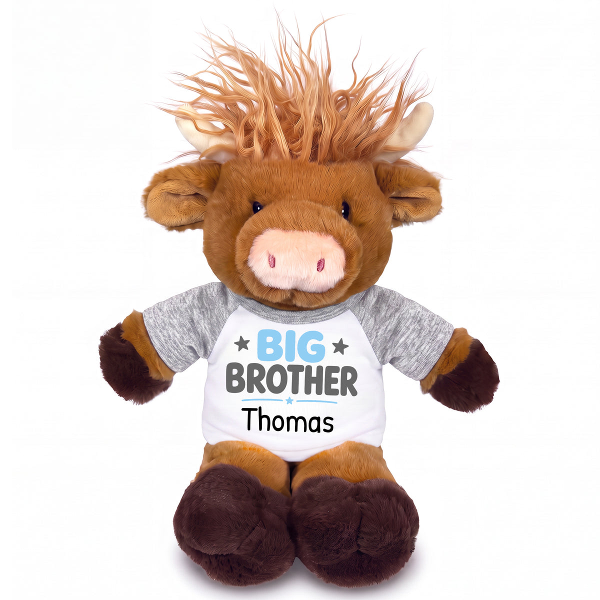 Personalized Big Brother Scottish Highland Cow - 12 inches - Grey Shirt, Light Blue Design
