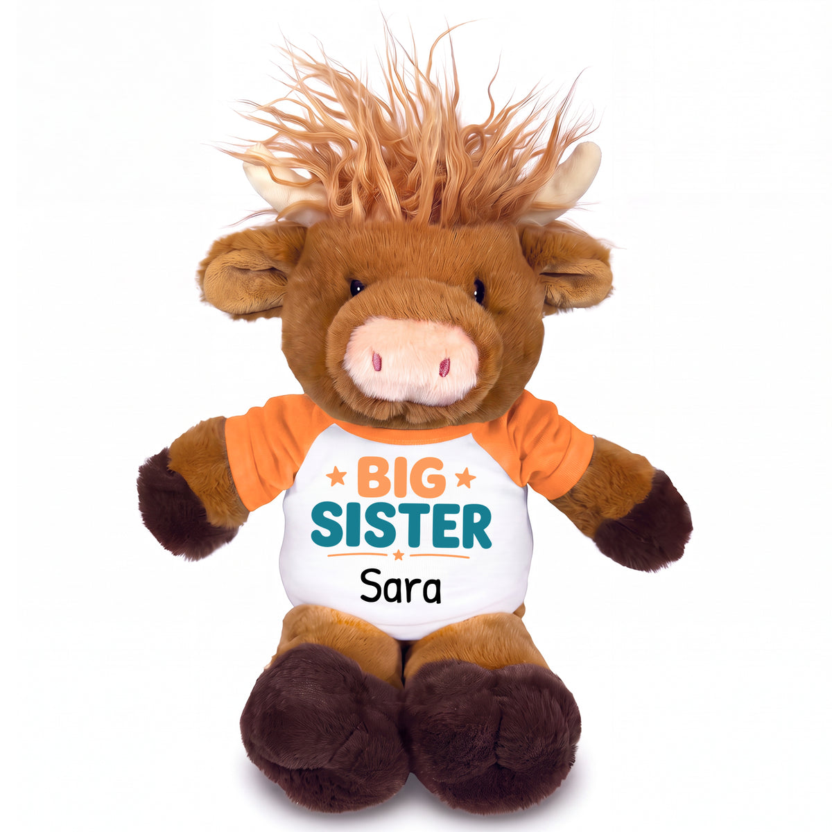Personalized Big Sister Scottish Highland Cow - 12 inch Plush - Orange Shirt, Orange/Teal Design