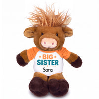 Personalized Big Sister Scottish Highland Cow - 12 inch Plush - Orange Shirt, Orange/Teal Design