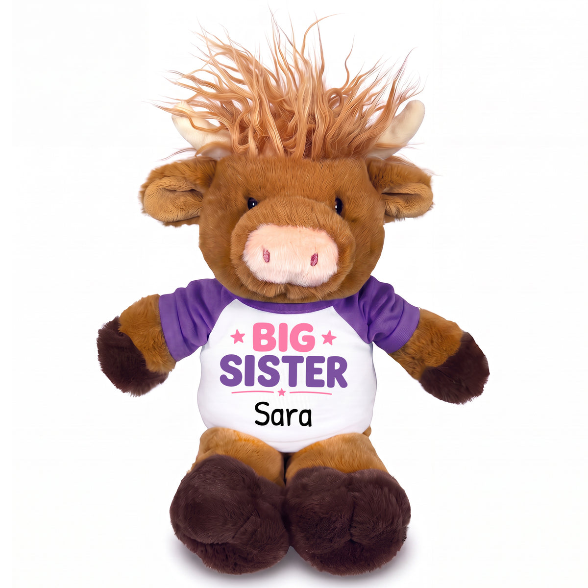 Personalized Big Sister Scottish Highland Cow - 12 inch Plush - Purple Shirt, Pink/Purple Design