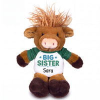 Personalized Big Sister Scottish Highland Cow - 12 inch Plush - Green Shirt, Teal/Green Design