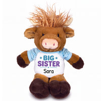 Personalized Big Sister Scottish Highland Cow - 12 inch Plush - Light blue Shirt, Teal/Purple Design