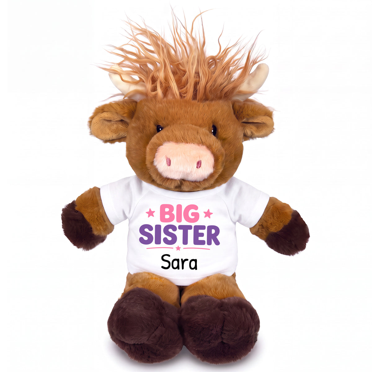 Personalized Big Sister Scottish Highland Cow - 12 inch Plush - White Shirt, Pink/Purple Design