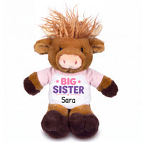 Personalized Big Sister Scottish Highland Cow - 12 inch Plush - Pink Shirt, Pink/Purple Design