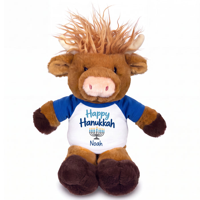 Personalized Hanukkah Stuffed Cow - 12 Inch Plush Scottish Highland Cow / Mucklecoo - Happy Hanukkah Design - Royal Blue shirt with blue design