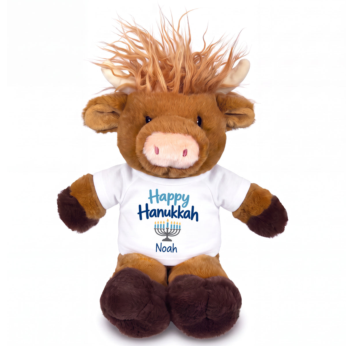Personalized Hanukkah Stuffed Cow - 12 Inch Plush Scottish Highland Cow / Mucklecoo - Happy Hanukkah Design - white shirt with blue design