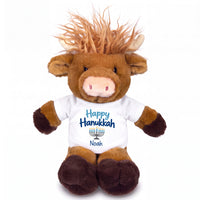 Personalized Hanukkah Stuffed Cow - 12 Inch Plush Scottish Highland Cow / Mucklecoo - Happy Hanukkah Design - white shirt with blue design
