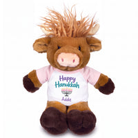 Personalized Hanukkah Stuffed Cow - 12 Inch Plush Scottish Highland Cow / Mucklecoo - Happy Hanukkah Design - pink shirt with pastel design