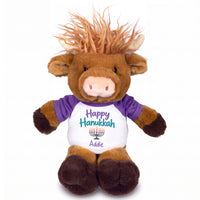Personalized Hanukkah Stuffed Cow - 12 Inch Plush Scottish Highland Cow / Mucklecoo - Happy Hanukkah Design - purple shirt with pastel design