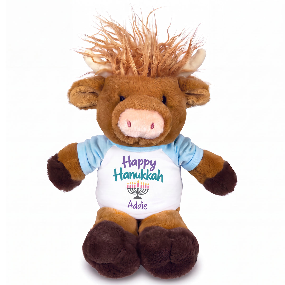 Personalized Hanukkah Stuffed Cow - 12 Inch Plush Scottish Highland Cow / Mucklecoo - Happy Hanukkah Design - light blue shirt with pastel design