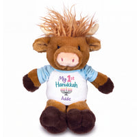Personalized Hanukkah Stuffed Cow - 12 Inch Plush Scottish Highland Cow / Mucklecoo - My First Hanukkah Design - light blue shirt with pastel design