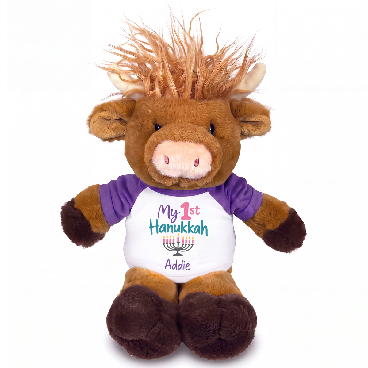 Personalized Hanukkah Stuffed Cow - 12 Inch Plush Scottish Highland Cow / Mucklecoo - My First Hanukkah Design - purple shirt with pastel design