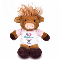 Personalized Hanukkah Stuffed Cow - 12 Inch Plush Scottish Highland Cow / Mucklecoo - My First Hanukkah Design - pink shirt with pastel design