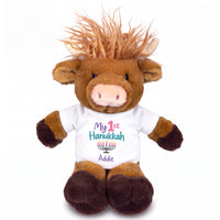 Personalized Hanukkah Stuffed Cow - 12 Inch Plush Scottish Highland Cow / Mucklecoo - My First Hanukkah Design - white shirt with pastel design