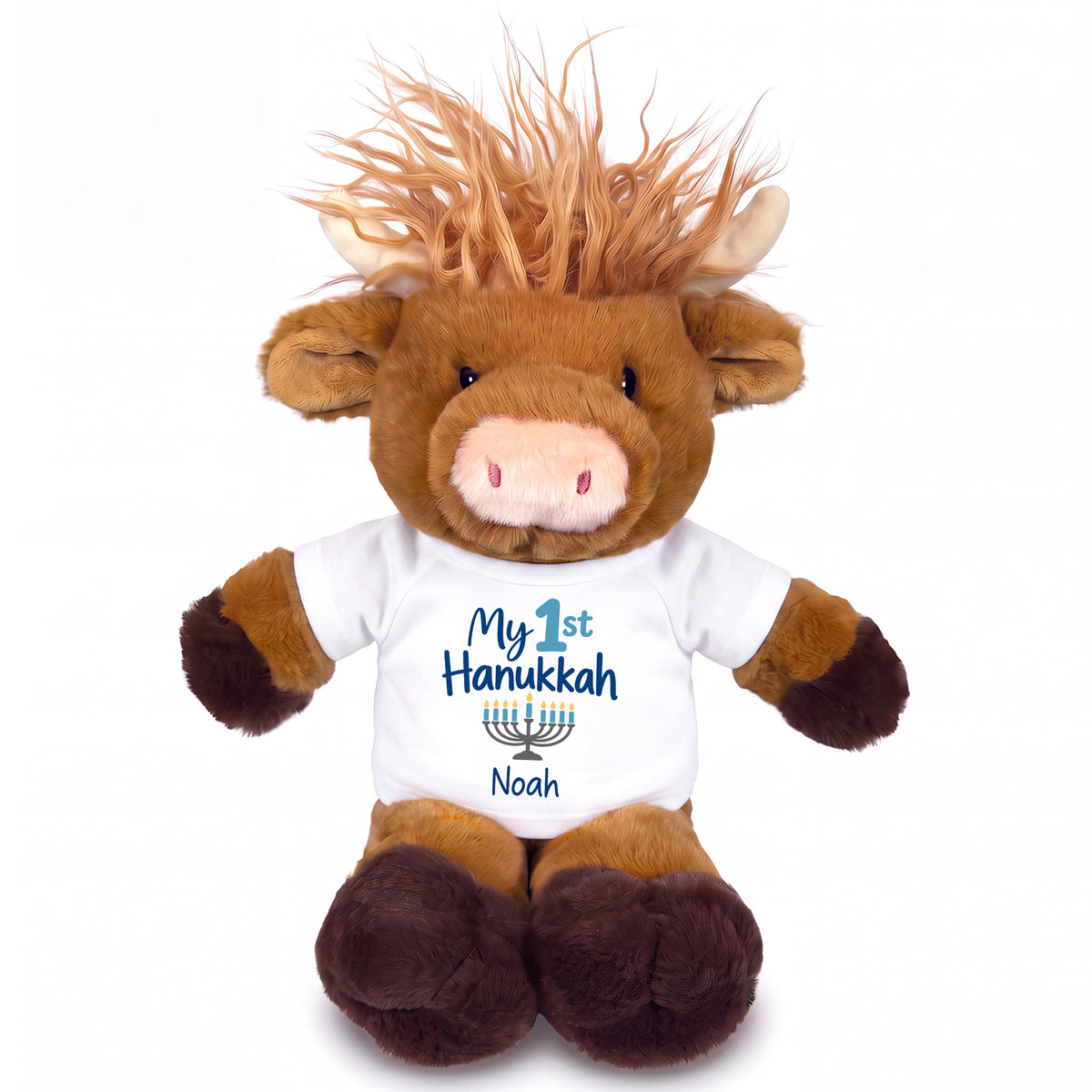 Personalized Hanukkah Stuffed Cow - 12 Inch Plush Scottish Highland Cow / Mucklecoo - My First Hanukkah Design - white shirt with blue design