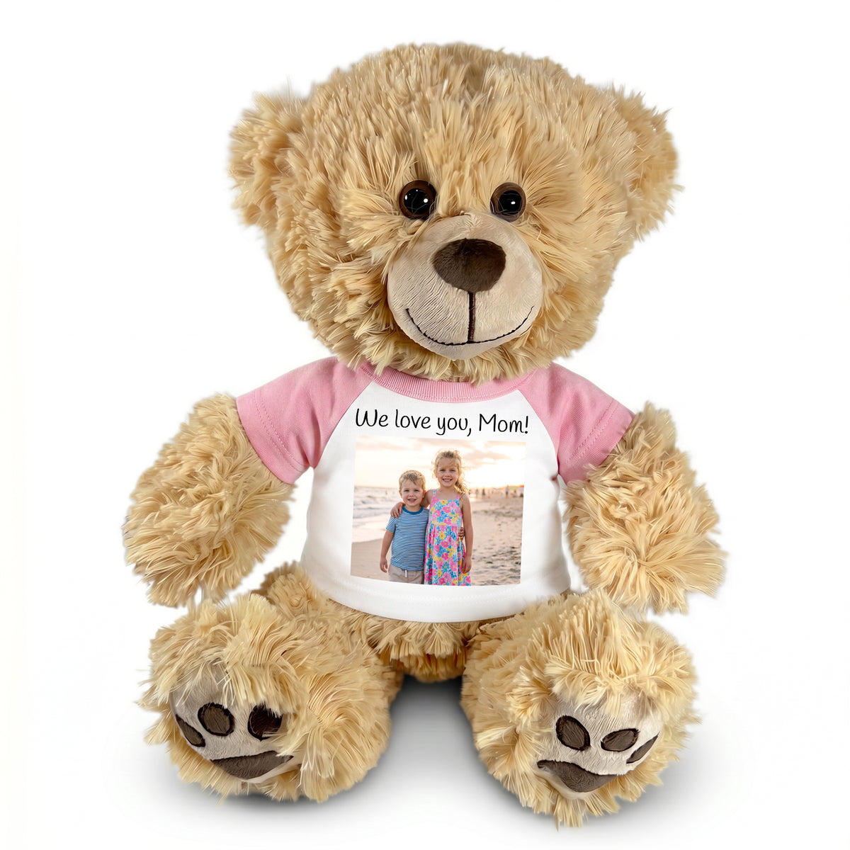 Personalized Teddy Bear - 15" Honey Bear with Photo and/or Text - Pink Shirt