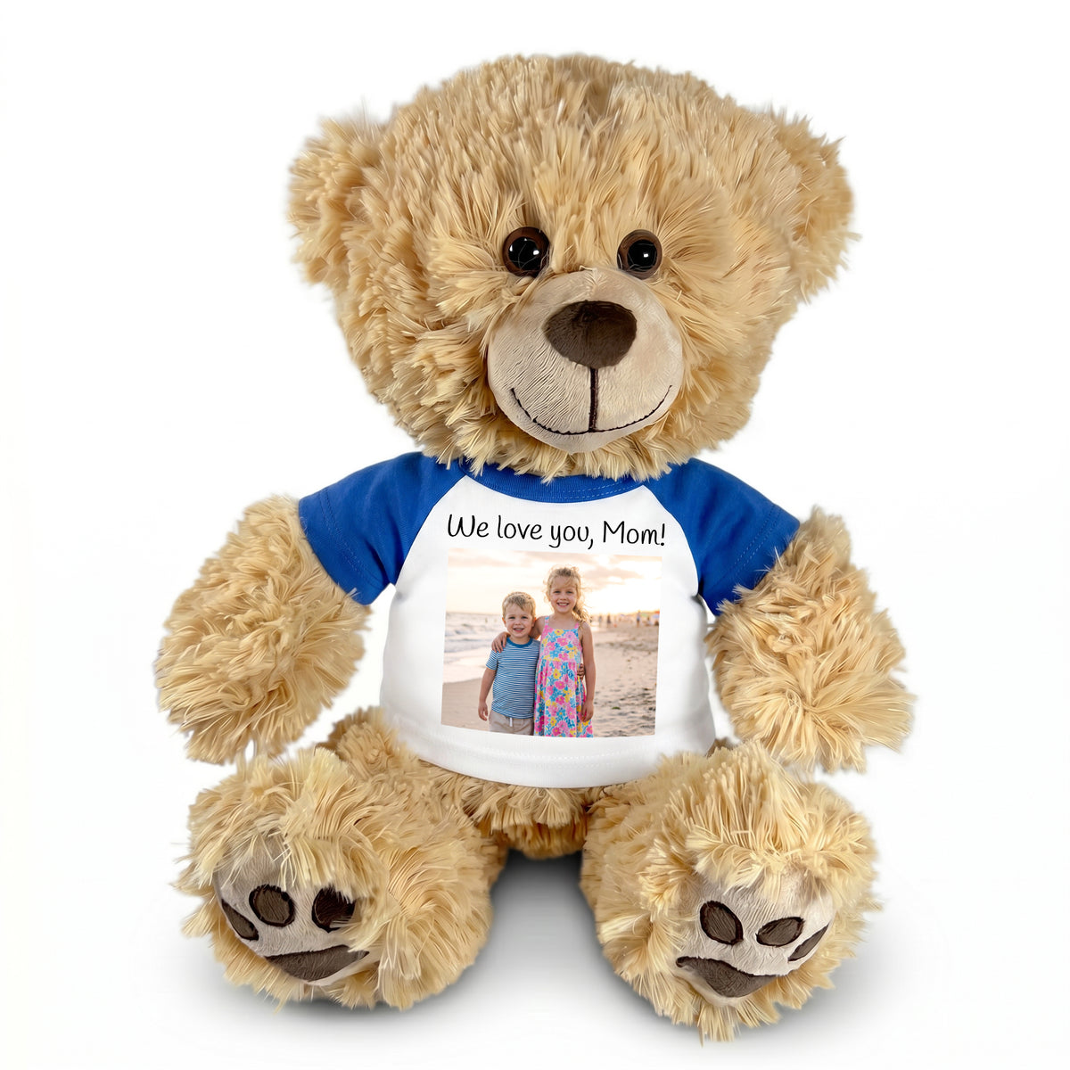 Personalized Teddy Bear - 15" Honey Bear with Photo and/or Text - Royal Blue Shirt