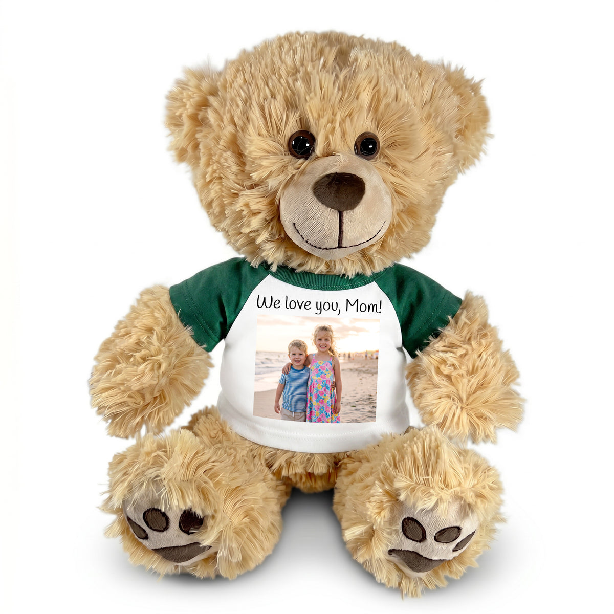 Personalized Teddy Bear - 15" Honey Bear with Photo and/or Text - Green Shirt