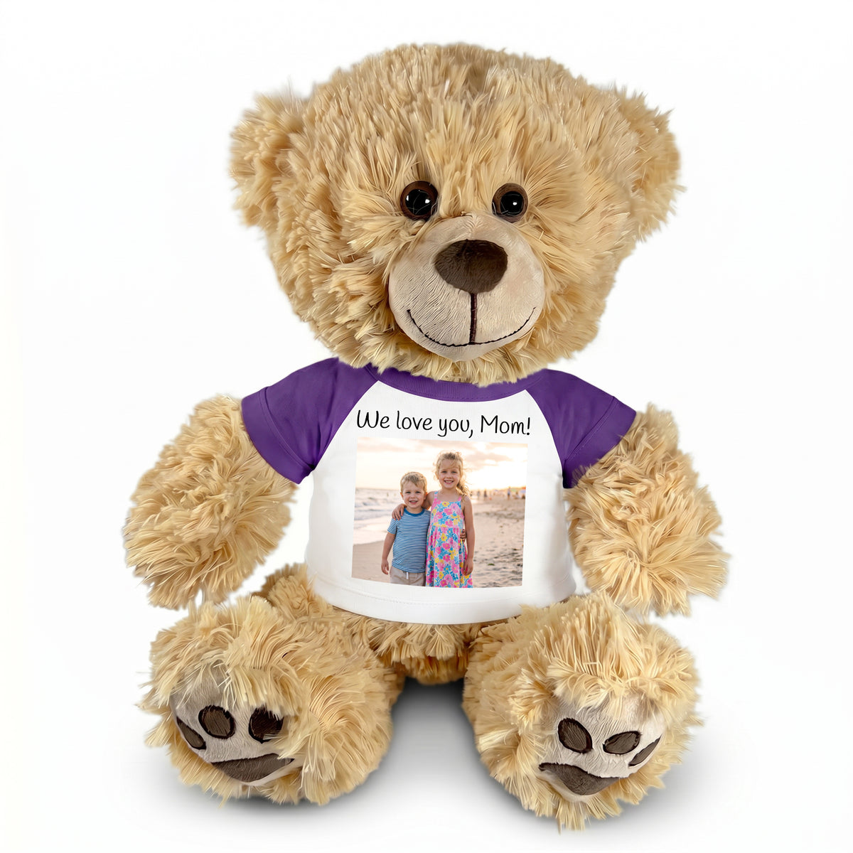 Personalized Teddy Bear - 15" Honey Bear with Photo and/or Text - Purple Shirt